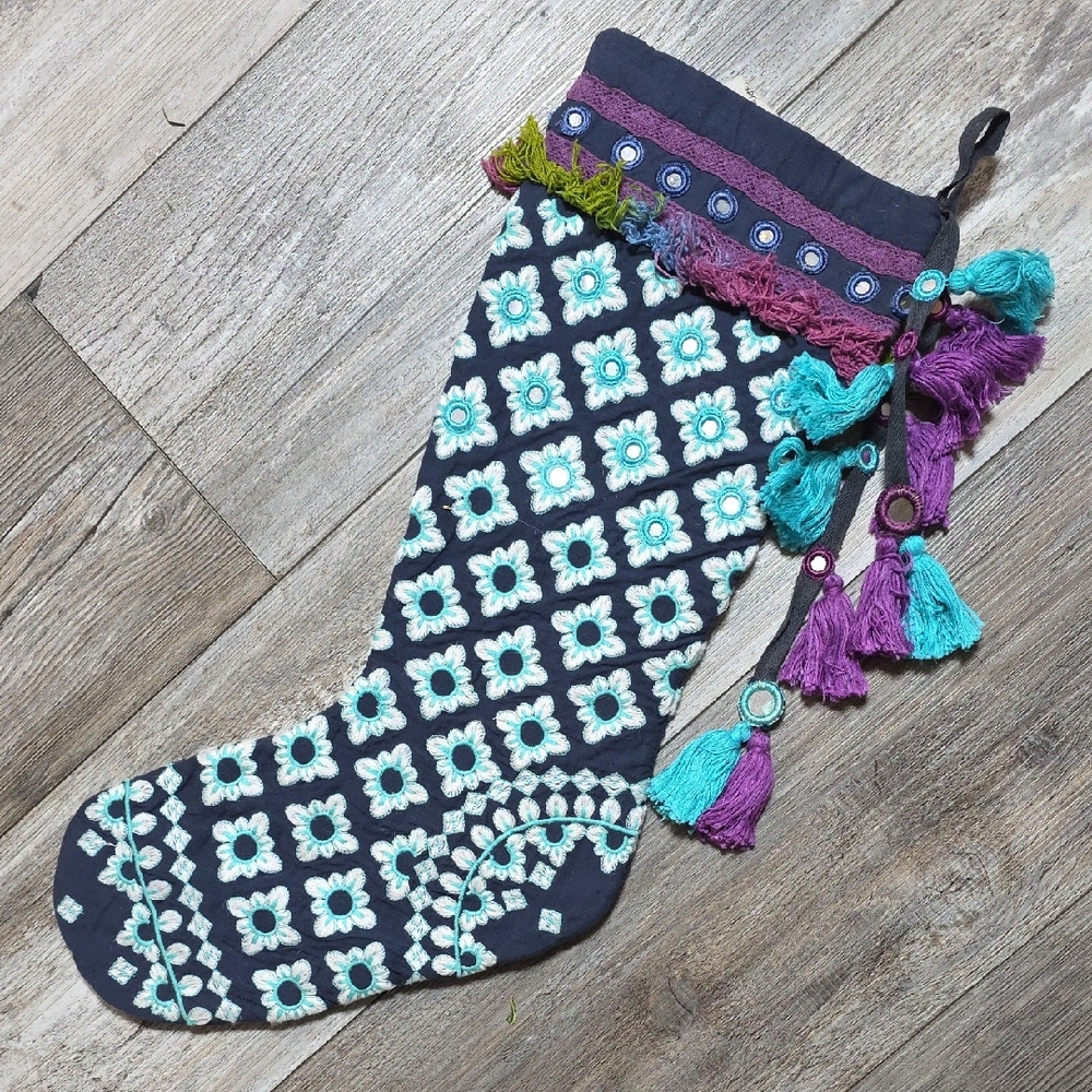 Free People One | 100% Cotton Mirror And Tassels Boho Christmas Stocking